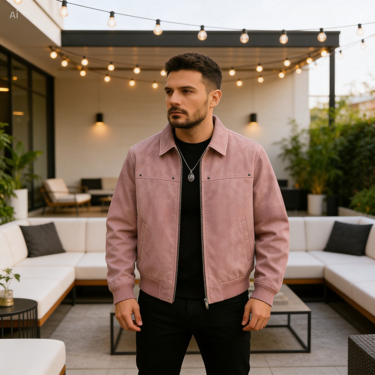 Man wearing a pink jacket standing in an outdoor living area with string lights and plants.