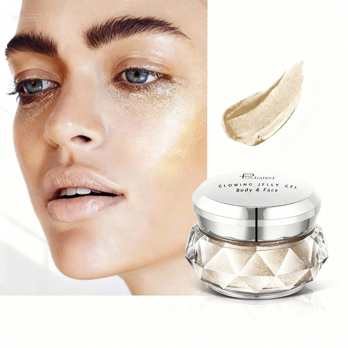 Woman's face with glowing skin next to a jar of 'Glowing Jelly Gel' on a white background