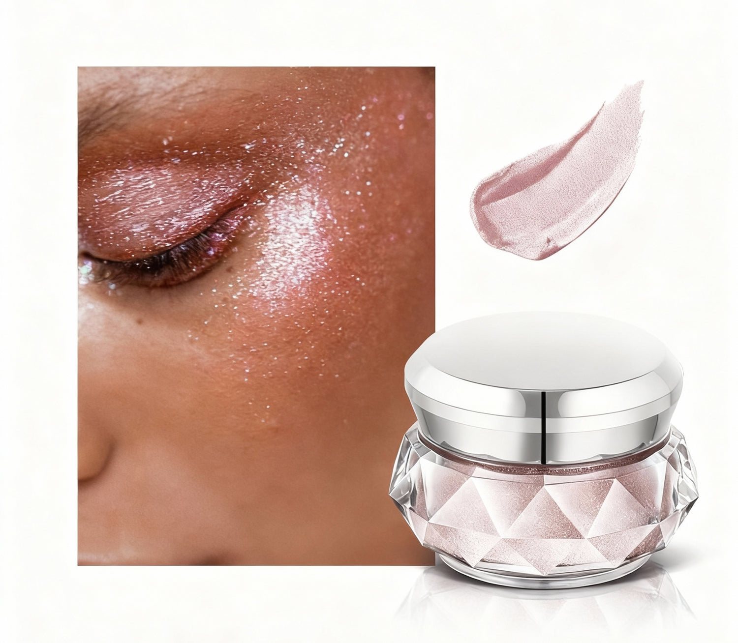 Cosmetic jar with pink cream and close-up of application on skin