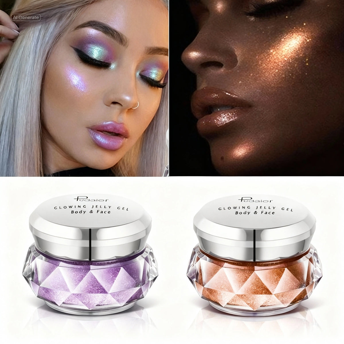 Two jars of 'Glowing Jelly Gel' with a close-up of a woman's face with glittery makeup.