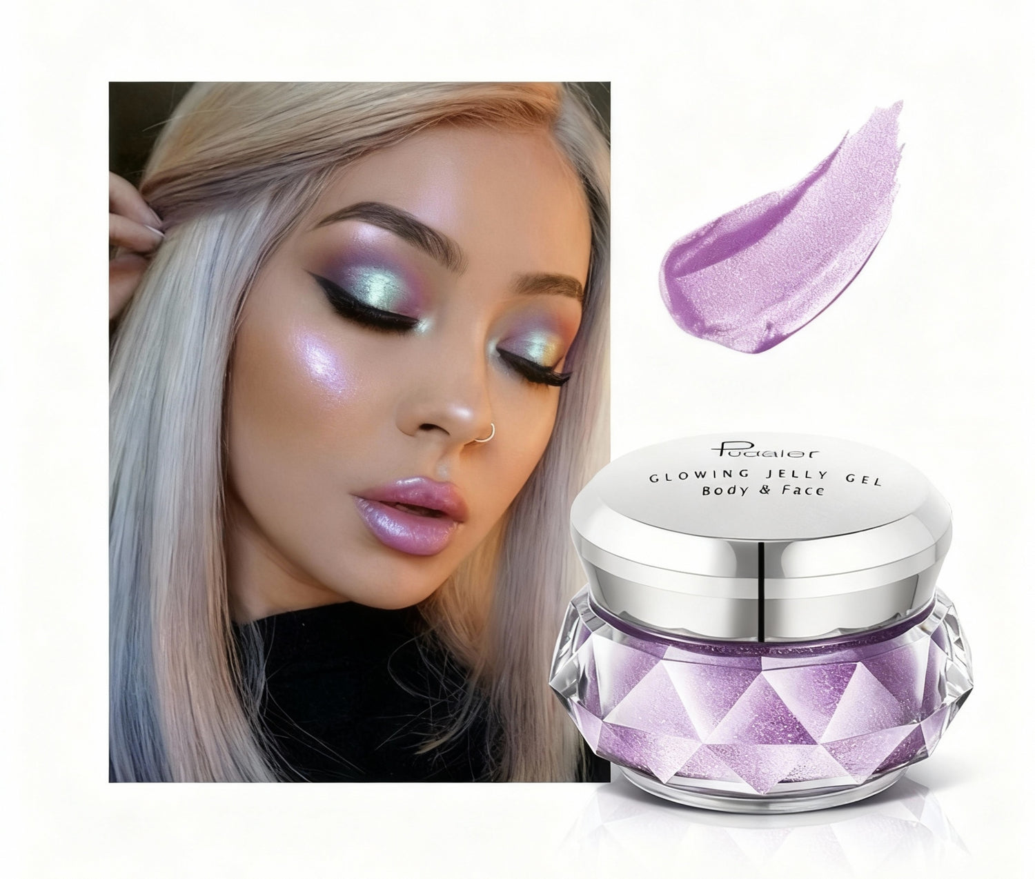 Woman with colorful makeup and a jar of purple jelly gel on a white background