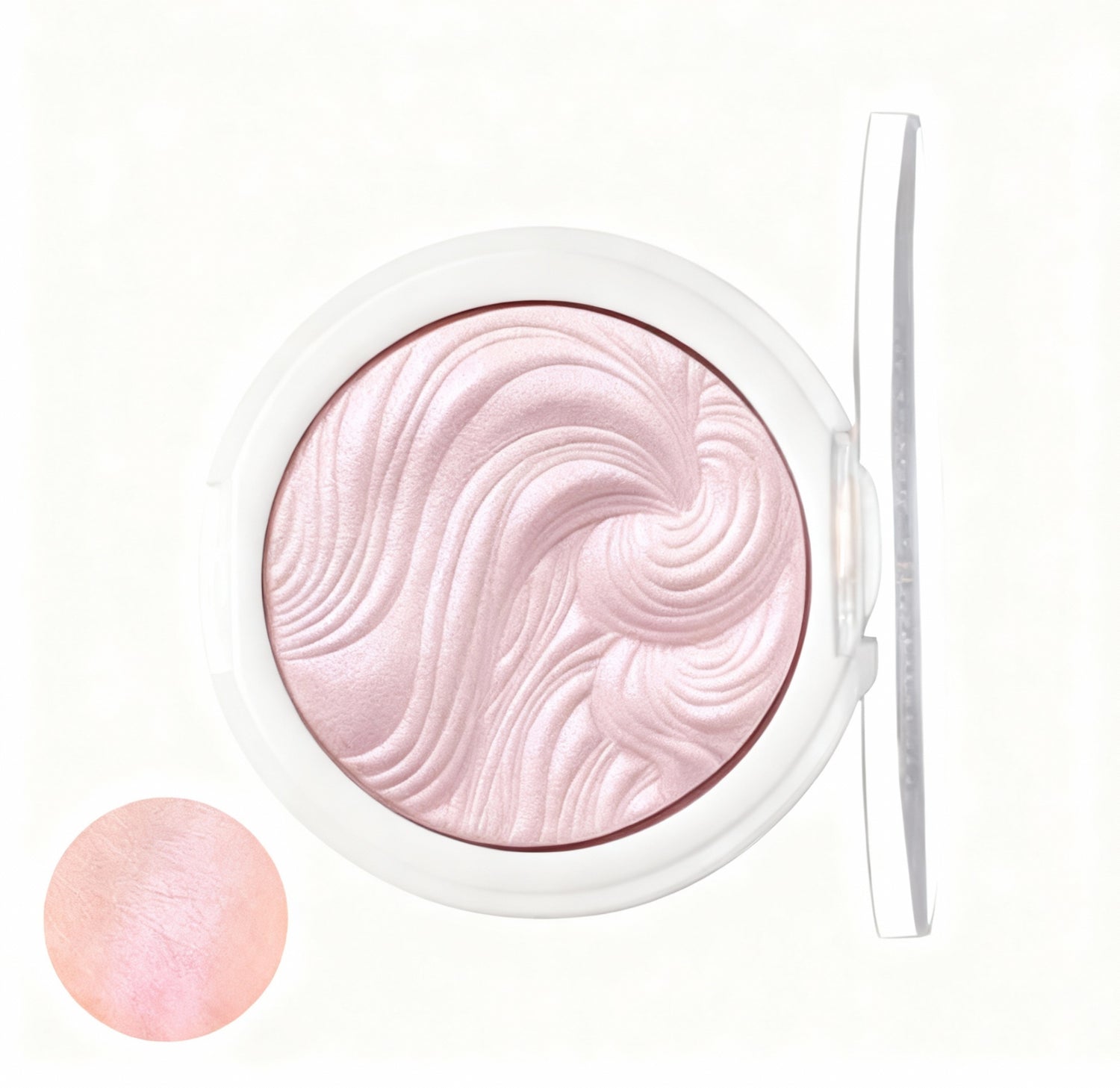 Compact powder with pink swirled design on a white background