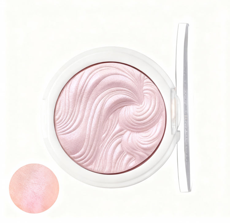 Compact powder with pink swirled design on a white background
