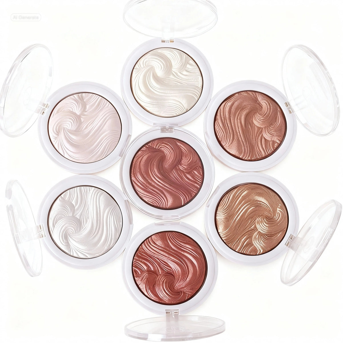 Set of six round makeup products with swirled colors on a white background