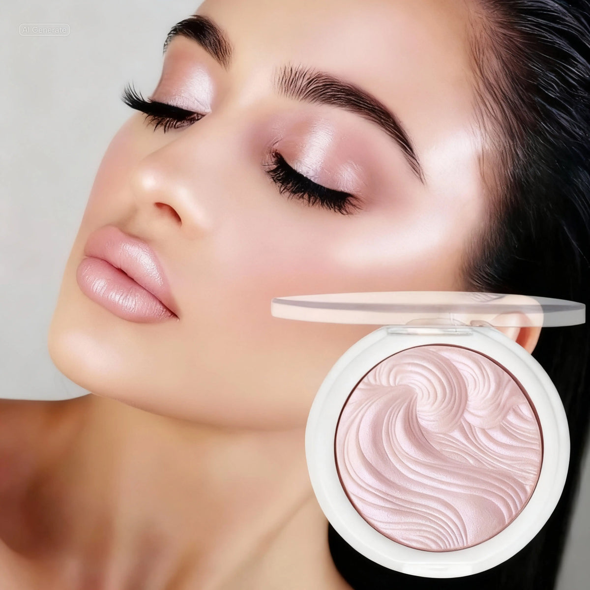 Close-up of a woman's face with a compact powder and swatch on a gray background
