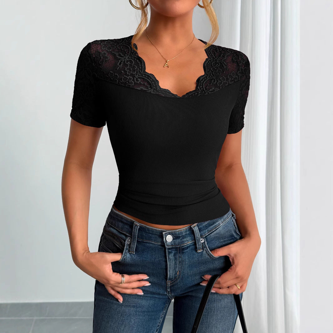 Neckline Cuff Stitching Lace Clothes Spring Women Black