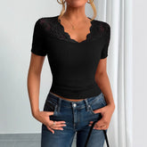 Neckline Cuff Stitching Lace Clothes Spring Women Black