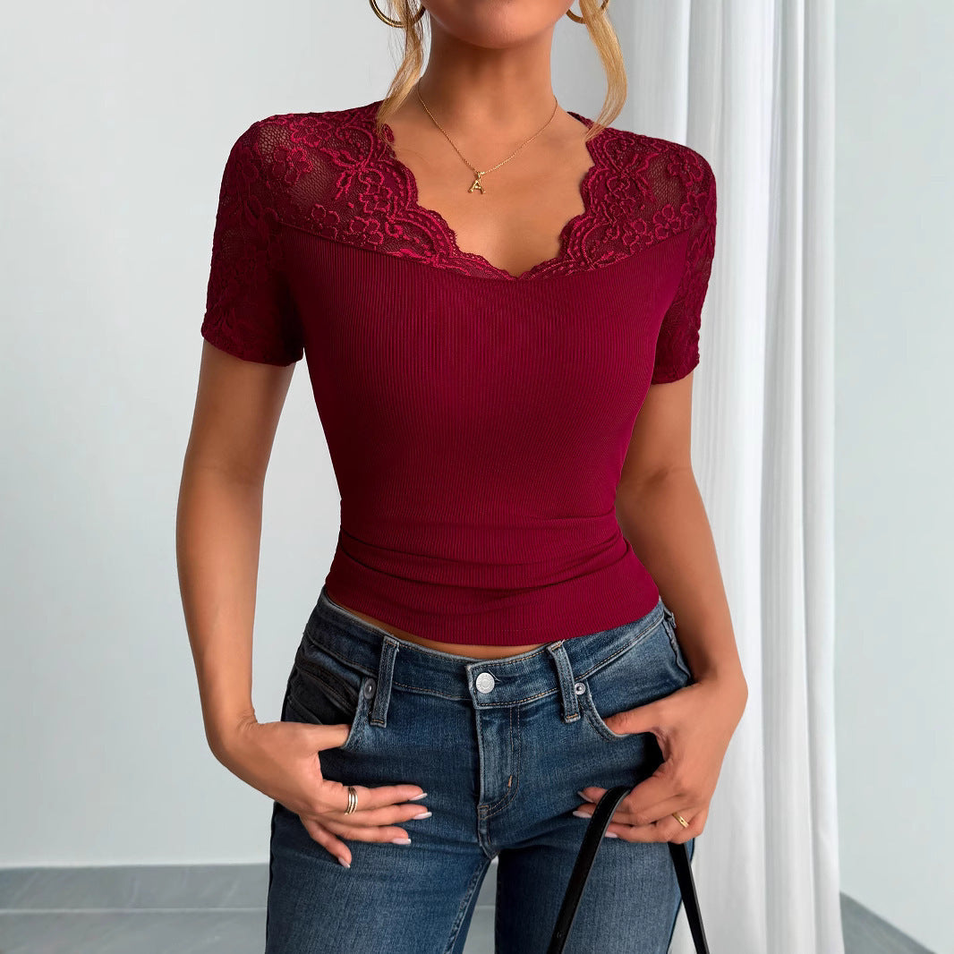 Neckline Cuff Stitching Lace Clothes Spring Women Wine Red