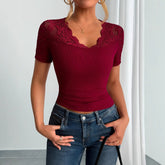 Neckline Cuff Stitching Lace Clothes Spring Women Wine Red