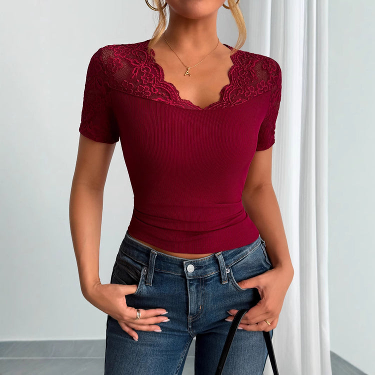 Neckline Cuff Stitching Lace Clothes Spring Women Wine Red