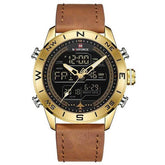 NAVIFORCE 9144 Fashion Gold Men Sport Watches Mens LED Analog Digital Watch Army Military Leather Quartz Watch Relogio Masculino Brown belt gold shell