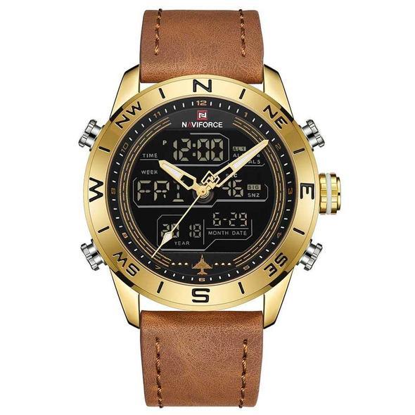 NAVIFORCE 9144 Fashion Gold Men Sport Watches Mens LED Analog Digital Watch Army Military Leather Quartz Watch Relogio Masculino Brown belt gold shell