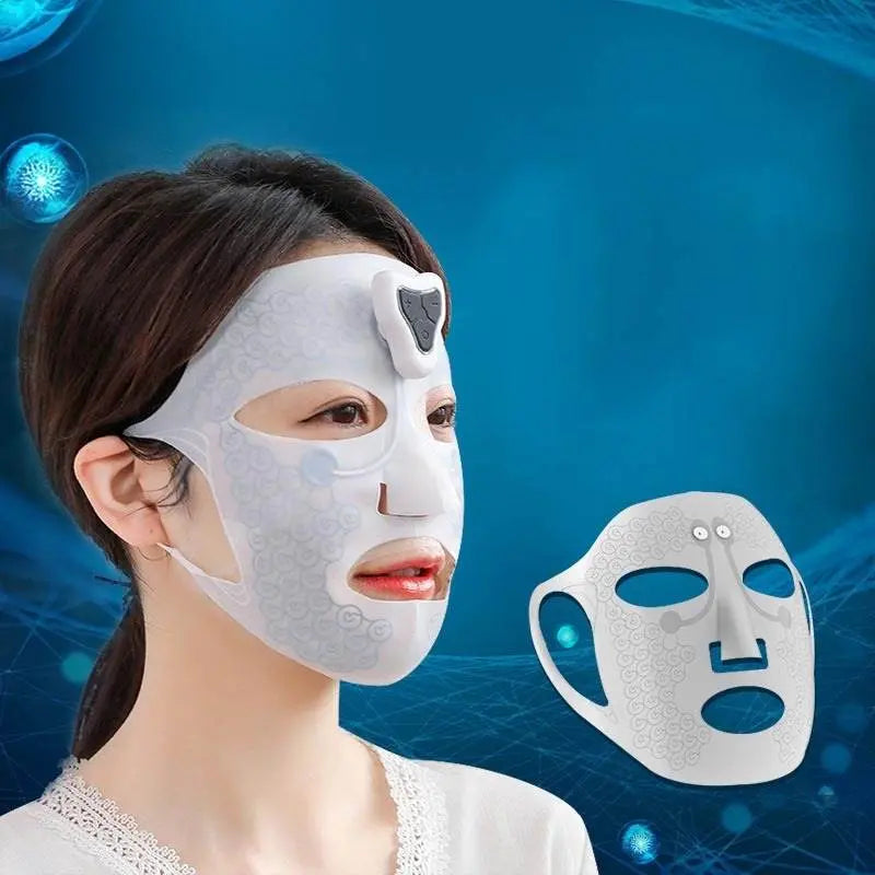 Electric facial massage mask shown on a model's face and as a separate white silicone piece against blue background.