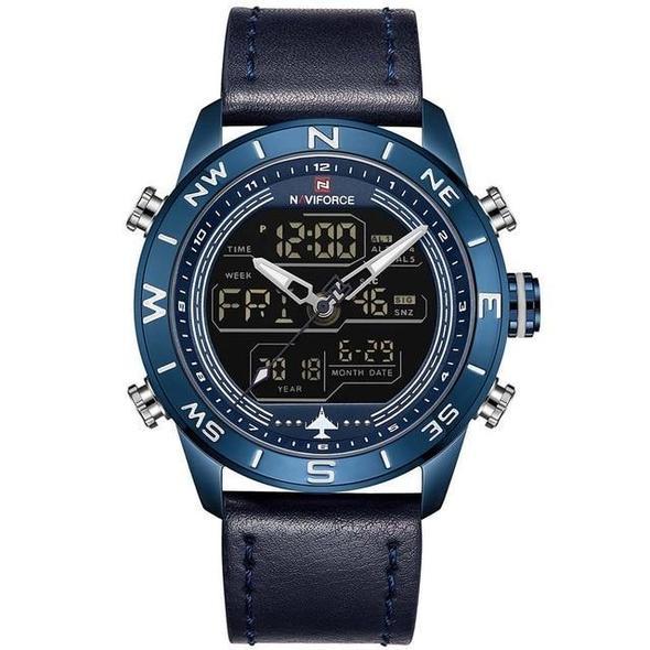 NAVIFORCE 9144 Fashion Gold Men Sport Watches Mens LED Analog Digital Watch Army Military Leather Quartz Watch Relogio Masculino Blue ribbon blue shell