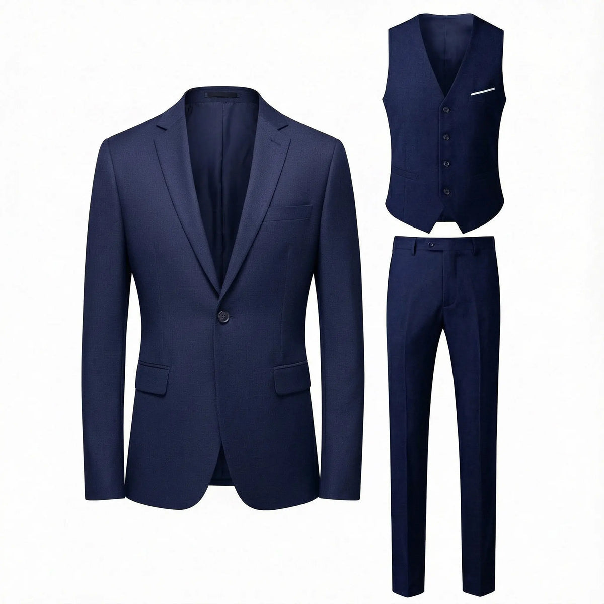 Navy blue suit set with jacket, vest, and pants on a white background