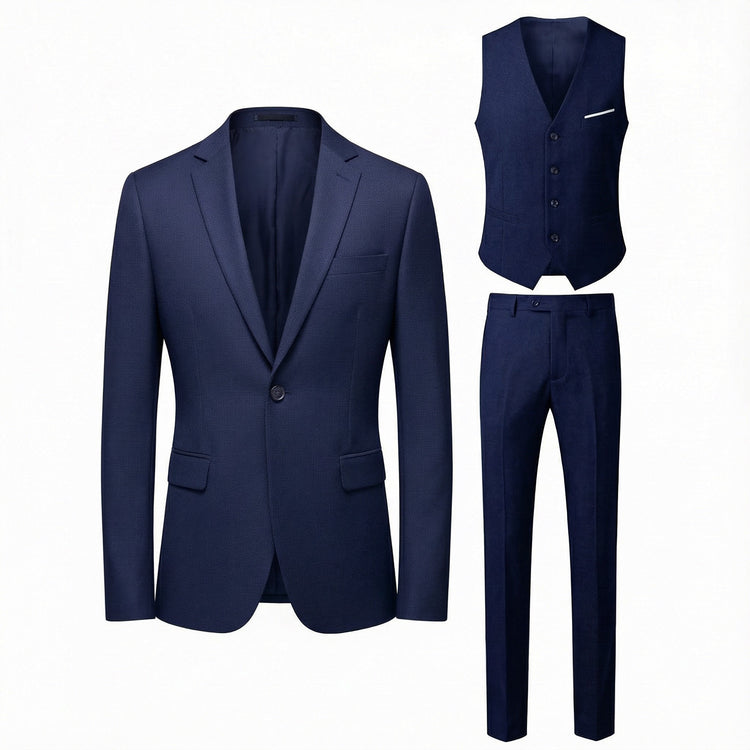 Navy blue suit set with jacket, vest, and pants on a white background