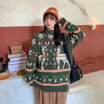 Fashion Christmas Clothes Elk Sweater For Women Army Green Free Size