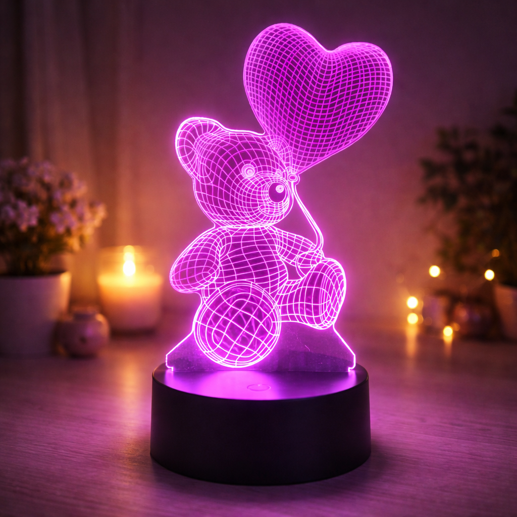 3D LED lamp shaped like a teddy bear with a heart balloon, glowing purple on a wooden surface. 3D Acrylic USB LED Night Lamp – Neon Sign
