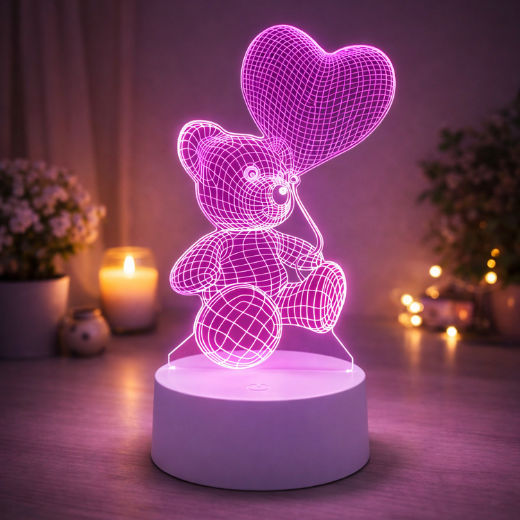 3D LED lamp shaped like a teddy bear with a heart balloon on a wooden surface.  3D Acrylic USB LED Night Lamp – Neon Sign
