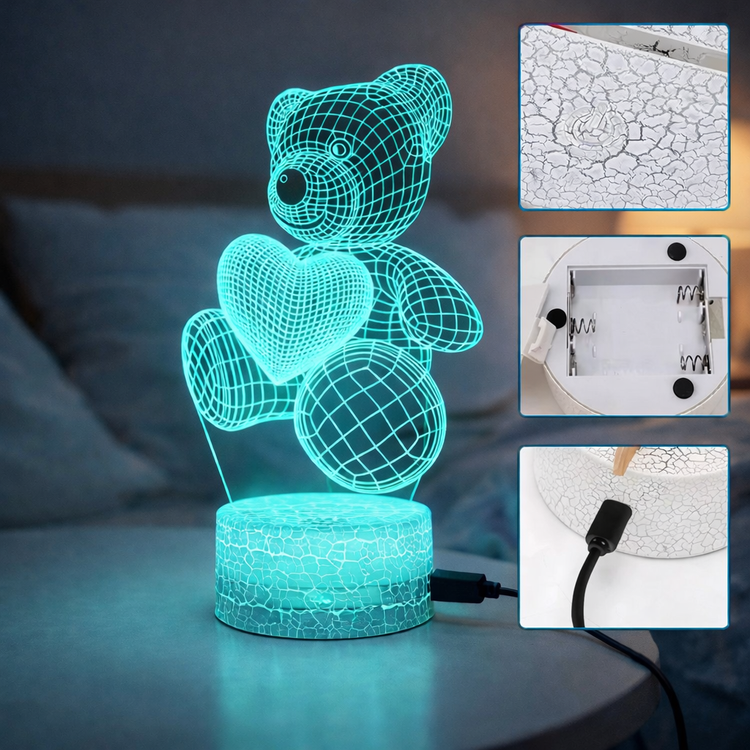 3D teddy bear lamp with cracked texture design on a table. 3D Acrylic USB LED Night Lamp – Neon Sign
