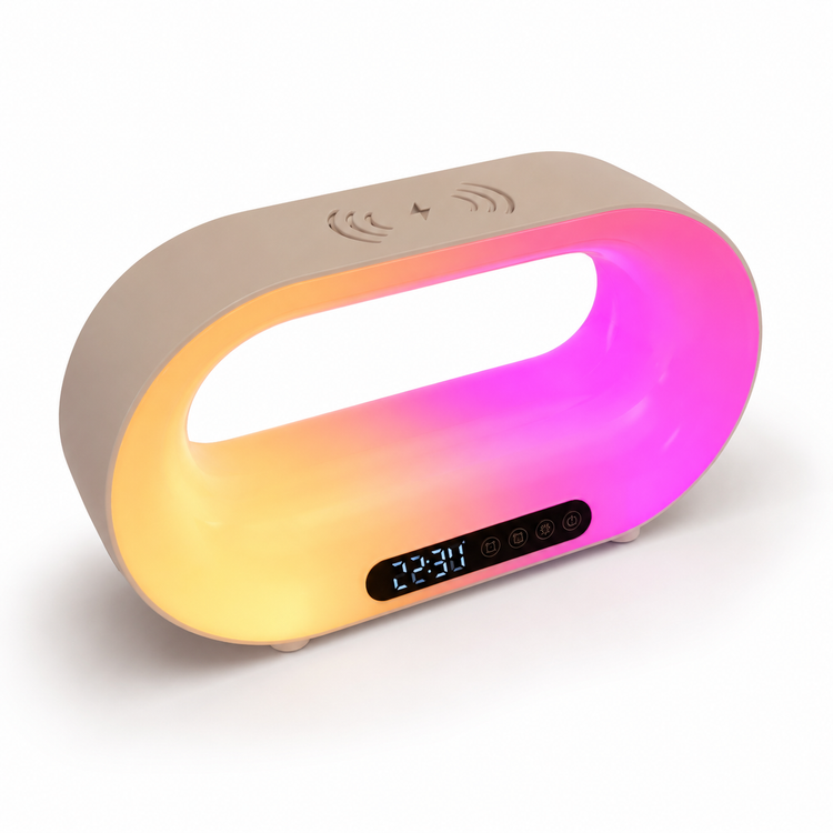 Colorful LED lamp with digital clock on a white background