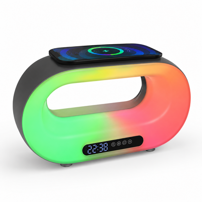 Multicolored device with smartphone on top and digital display on a white background