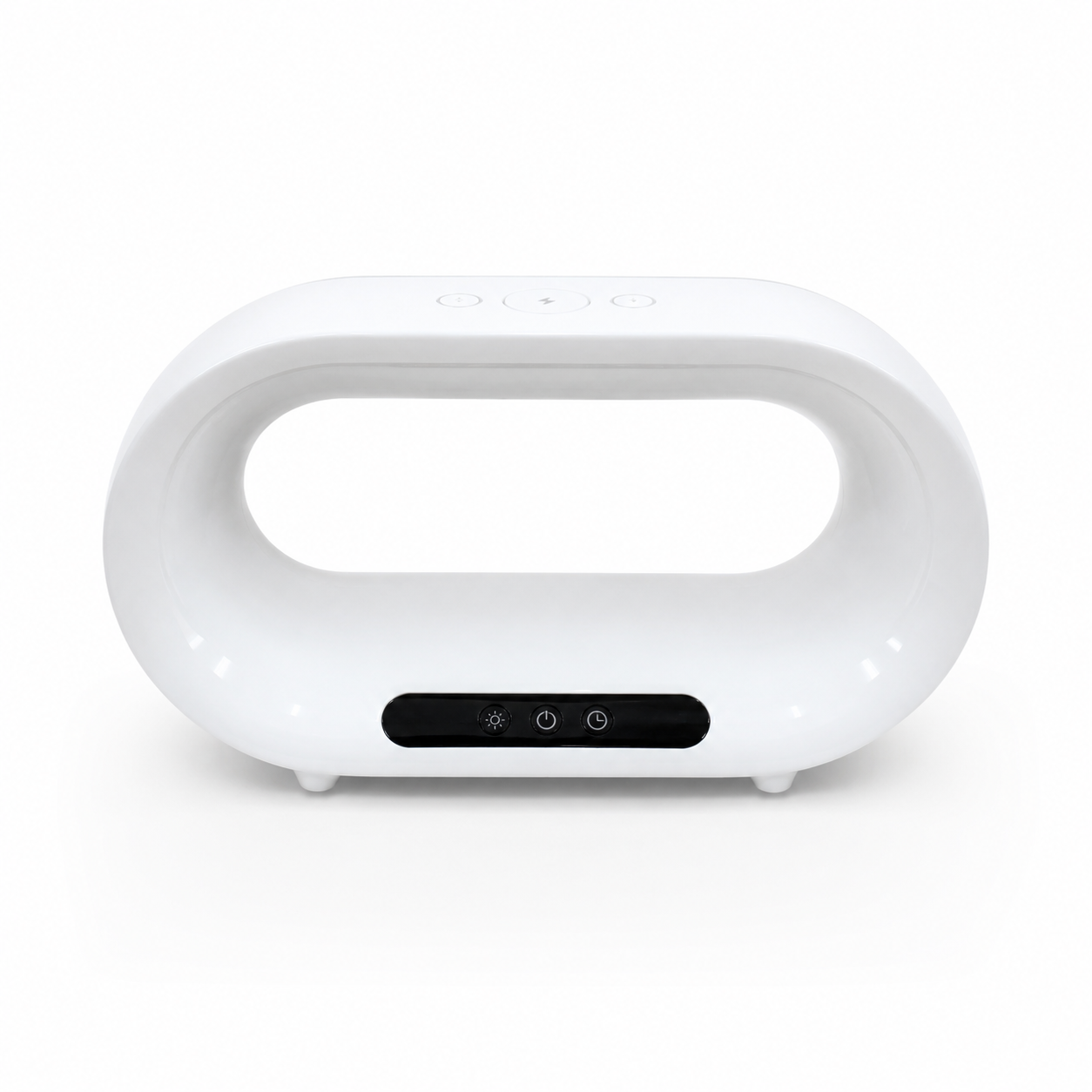 White electronic device with a black control panel on a white background