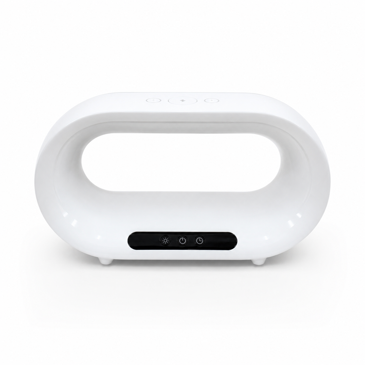 White electronic device with a black control panel on a white background