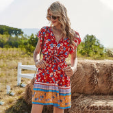 Spring Clothes V-neck Printing Dress Women Red