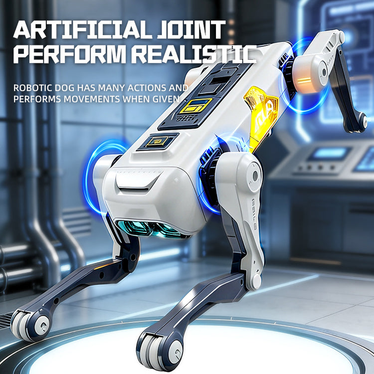 Robotic dog toy with blue glowing joints posed on illuminated circular platform.