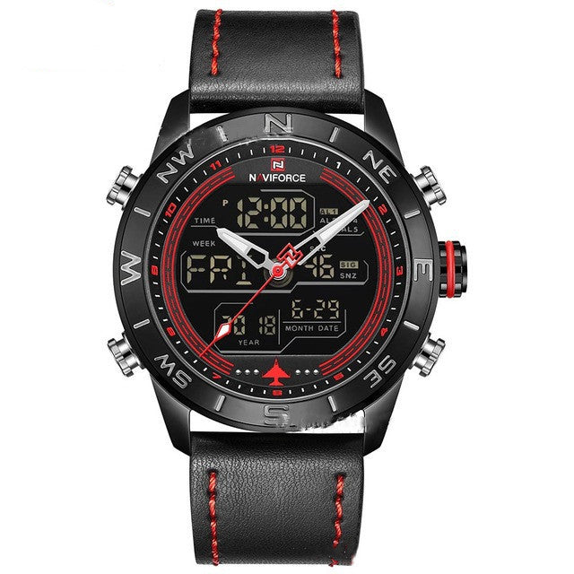 NAVIFORCE 9144 Fashion Gold Men Sport Watches Mens LED Analog Digital Watch Army Military Leather Quartz Watch Relogio Masculino Black red