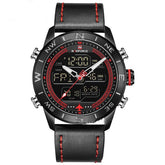 NAVIFORCE 9144 Fashion Gold Men Sport Watches Mens LED Analog Digital Watch Army Military Leather Quartz Watch Relogio Masculino Black red
