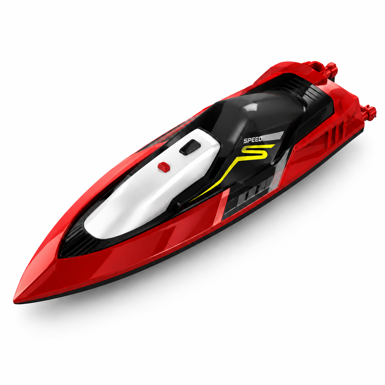 Red and black speedboat model on a white background