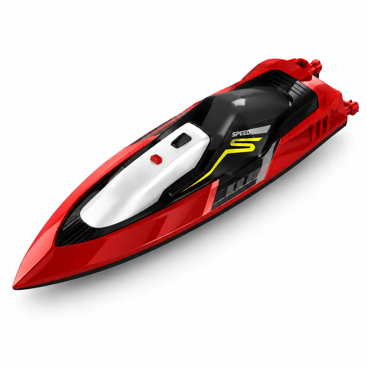 Fast rc boat for kids red and black plastic body with white and yellow accents side view
