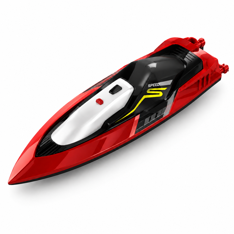 Red and black speedboat model on a white background