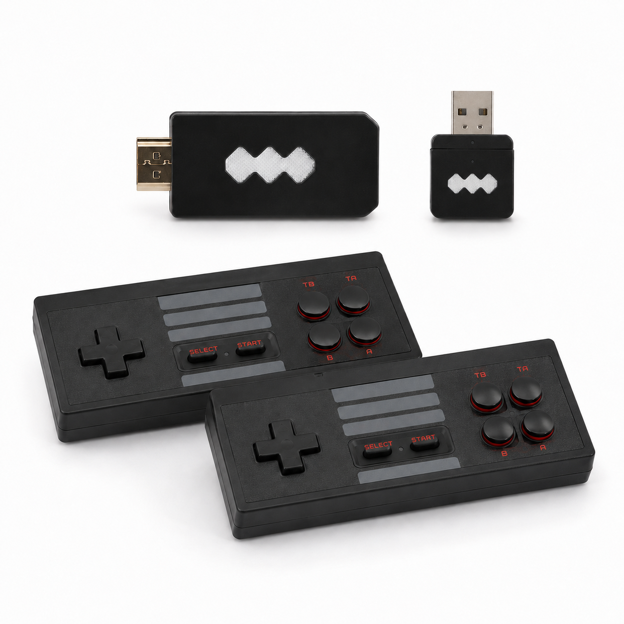 Black gaming controllers and USB devices with a logo on a white background