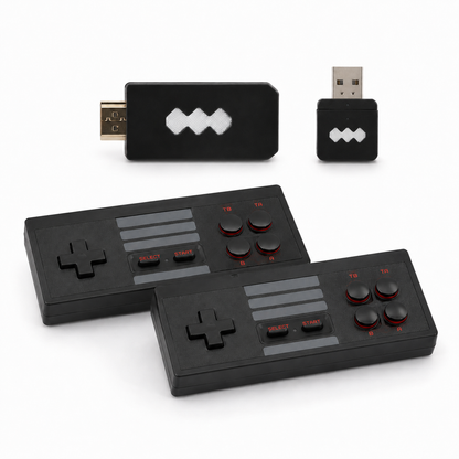 Black gaming controllers and USB devices with a logo on a white background