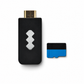 Black USB device with a logo and a blue and black card on a white background