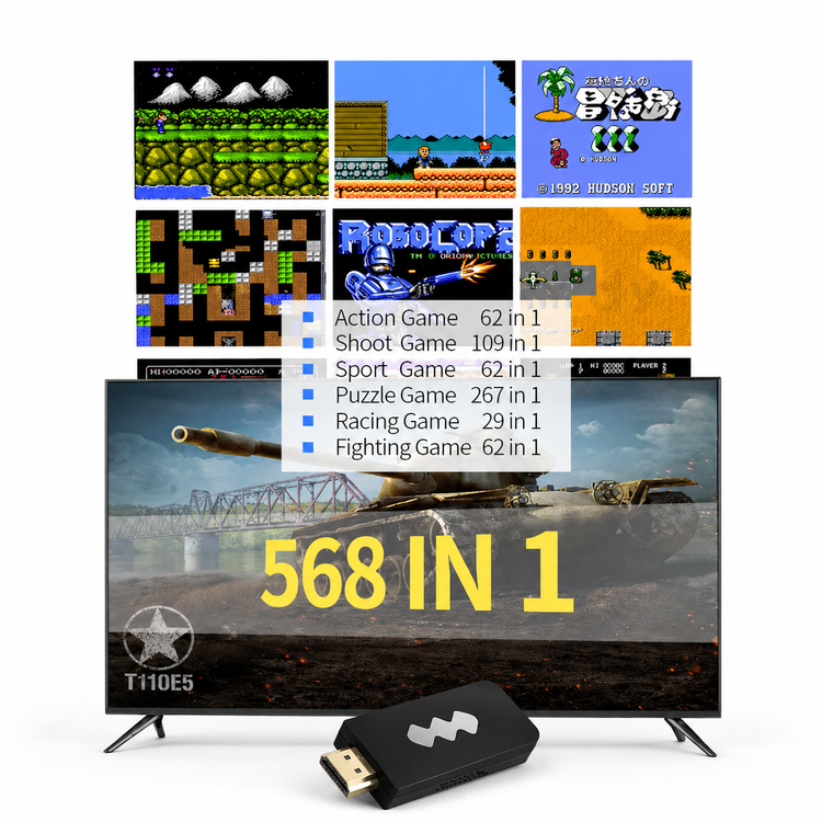 Multimedia device with gaming console and TV displaying various games on screen.