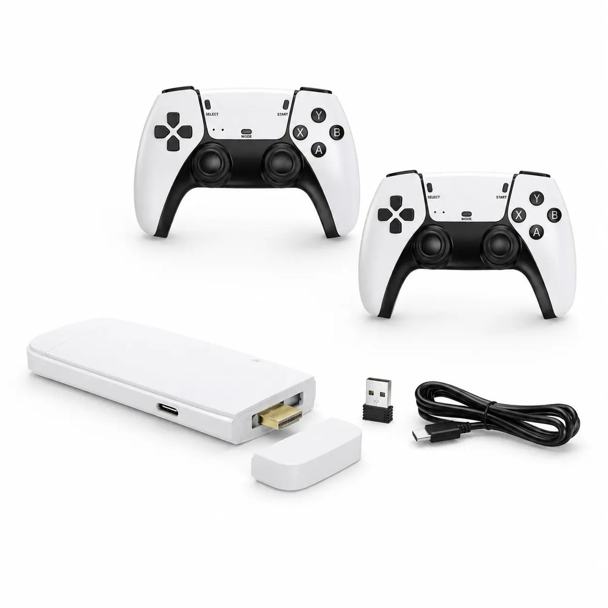 Two gaming controllers, a wireless receiver, USB cable, and adapter on a white background