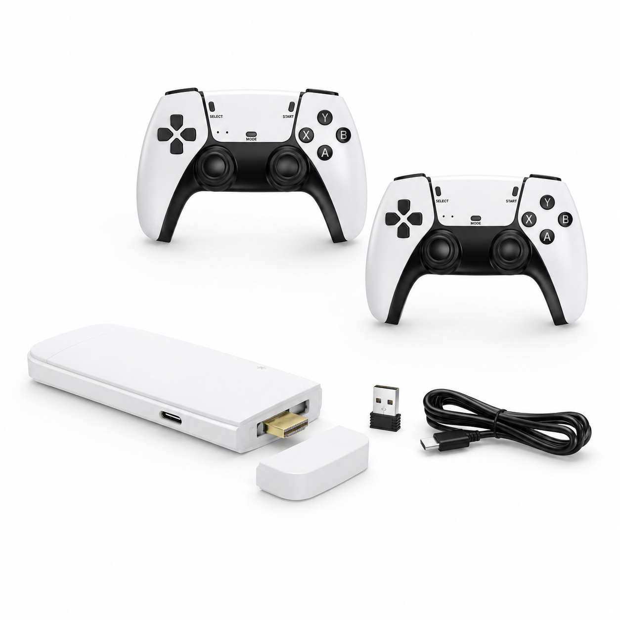 Two gaming controllers, a wireless receiver, USB cable, and adapter on a white background