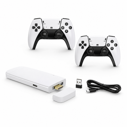 Two gaming controllers, a wireless receiver, USB cable, and adapter on a white background