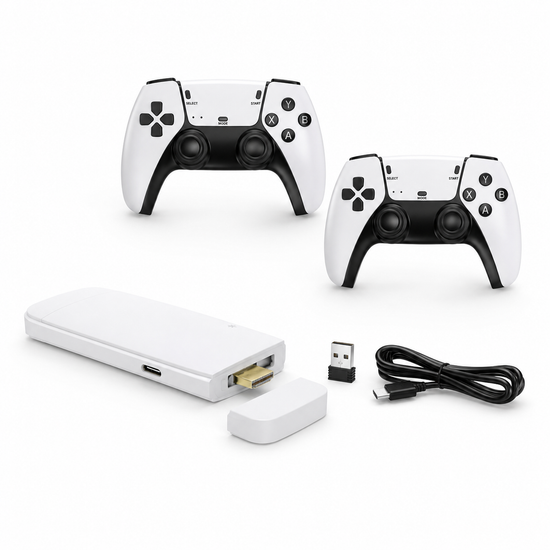 Two gaming controllers, a wireless receiver, USB cable, and adapter on a white background