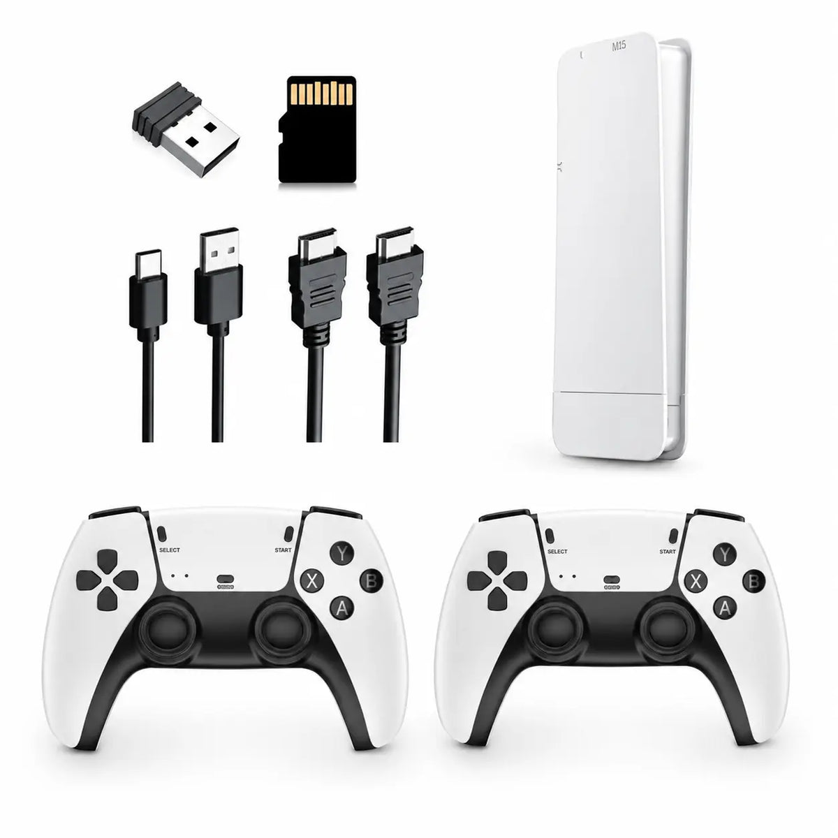 Collection of gaming accessories including controllers, cables, and a USB device on a white background
