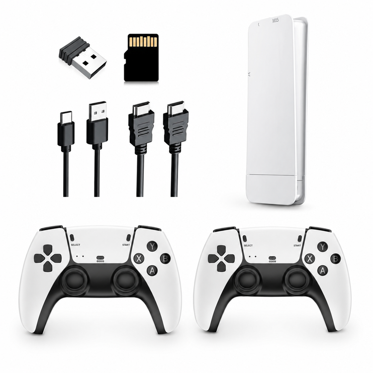 Collection of gaming accessories including controllers, cables, and a USB device on a white background