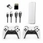 Collection of gaming accessories including controllers, cables, and a USB device on a white background