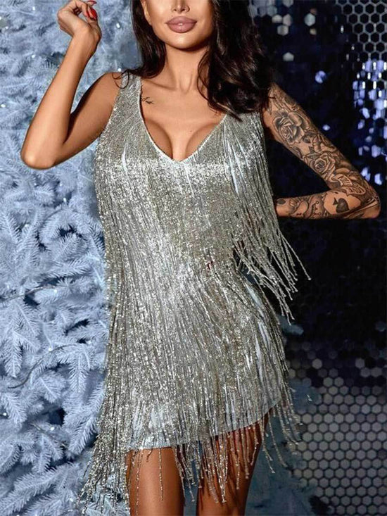 Tassel Elegant Deep V Camisole Gown Dress For Women - Esdeepee