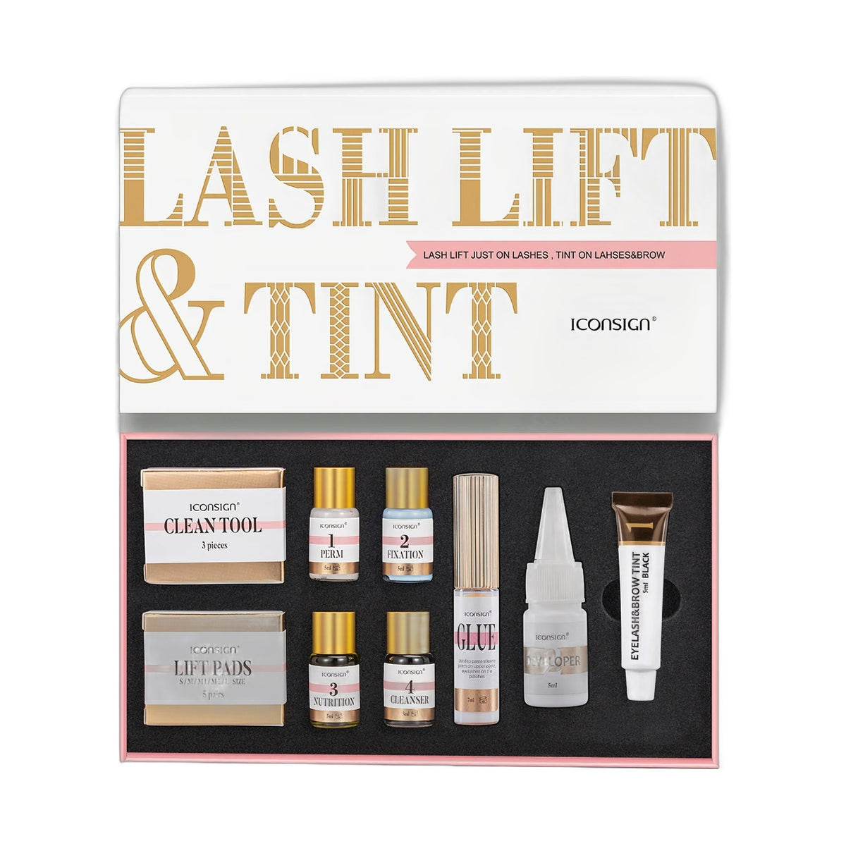 lash lift and brow tint kit for home use with box lid open revealing contents including clean tool, lift pads, and various solutions