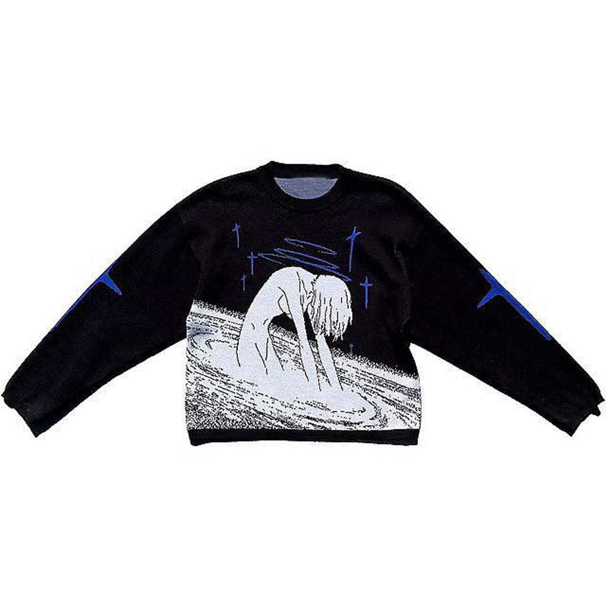 Women's printed pullover sweater with long sleeves, black with blue crosses and white graphic, flat front view