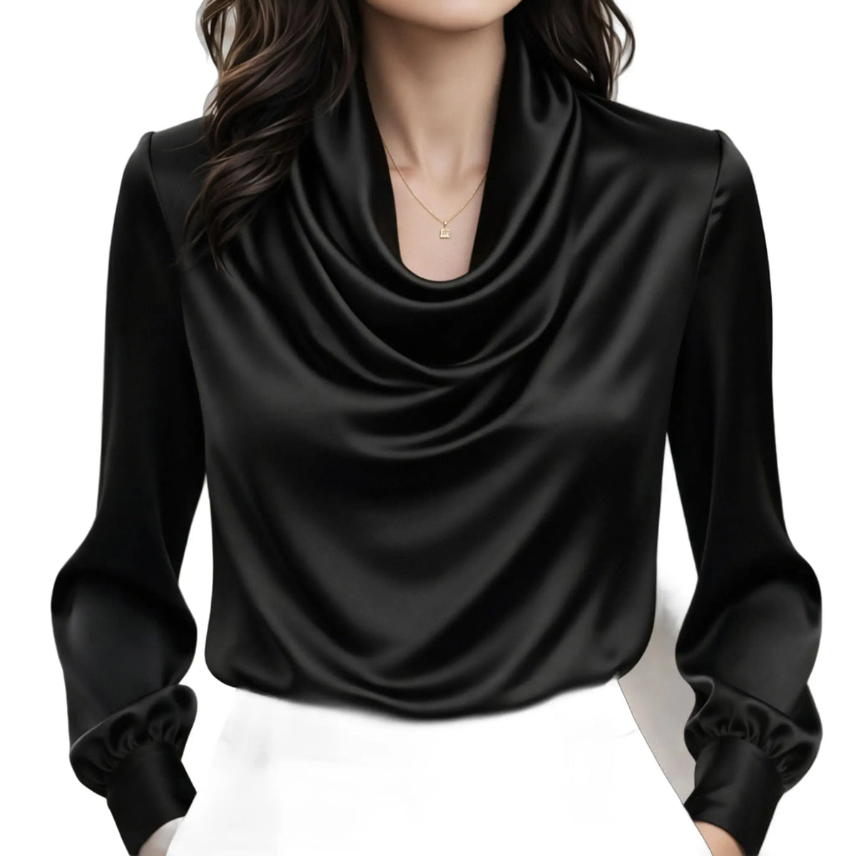 Enhanced product photo of drape neck blouse with detail long sleeve, elegant office wear